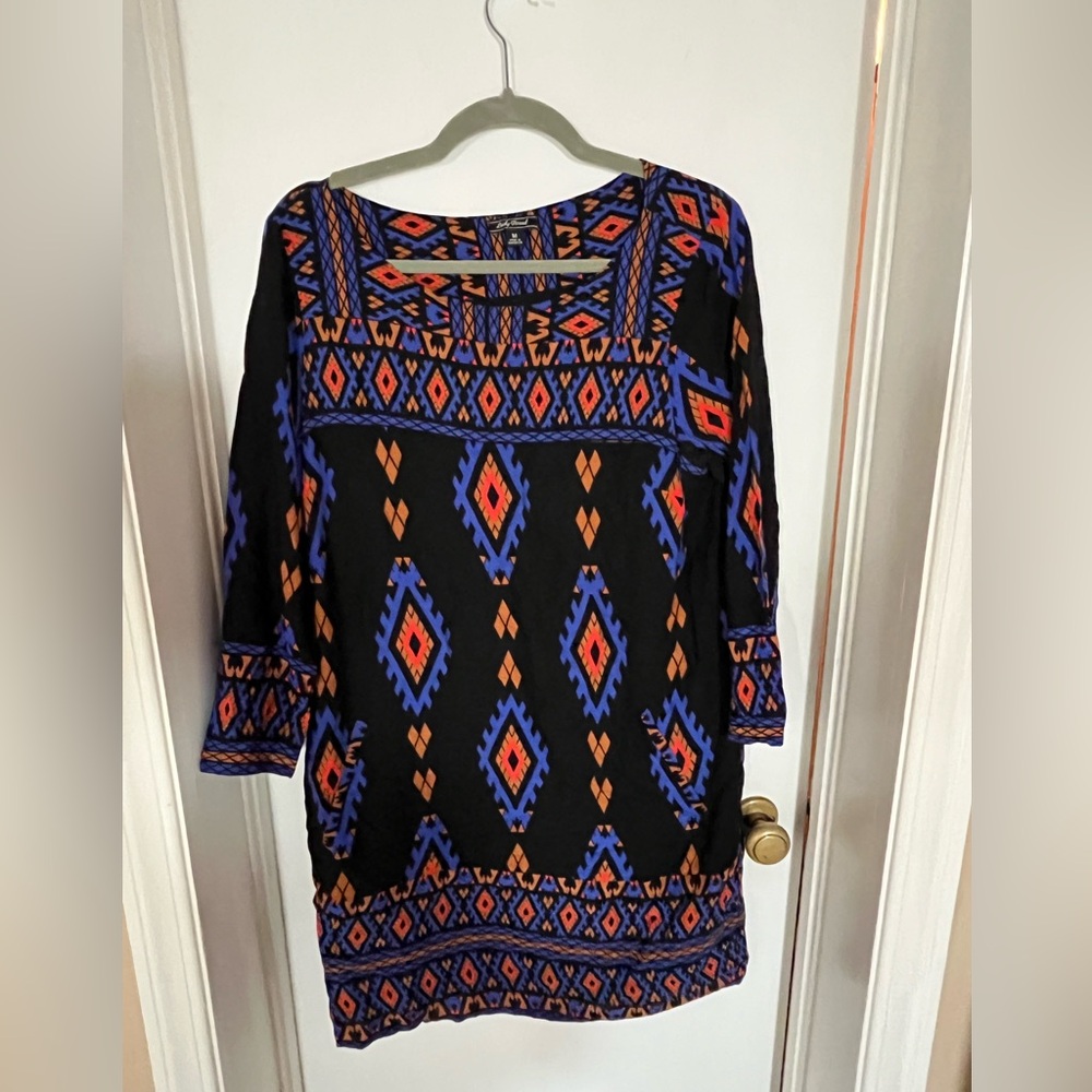 Lucky Brand Black Tunic with Blue and Orange Geometric Pattern